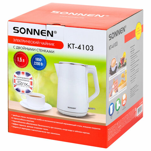 Чайник электрический с двойными стенками SONNEN KT-4103, 1,5 л, 2200 Вт, белый, 456376 - фото 15