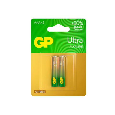 Батарейки КОМПЛЕКТ 2 шт., GP Ultra G-Tech, AAA (LR03, 24А), алкалиновые, мизинчиковые, 24AUA21-2CRSBC2 - фото 1