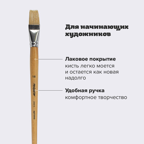 Кисть ПИФАГОР, ЩЕТИНА, плоская, № 18, деревянная лакированная ручка, пакет с подвесом, 200878 - фото 9