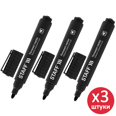 Маркер перманентный STAFF "Basic Budget PM-125", ЧЕРНЫЙ, КОМПЛЕКТ 3 штуки, наконечник 3 мм, 880597 - фото 1