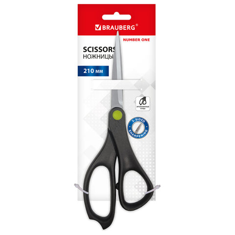 Ножницы BRAUBERG "NUMBER ONE", 210 мм, черные, 3-х сторонняя заточка, эргономичные ручки, 238850 - фото 1
