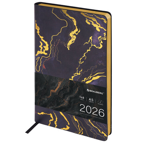 Ежедневник датированный 2026 А5 138x213 мм, BRAUBERG "Vista", под кожу, гибкий, "Black marble", 117445 - фото 1