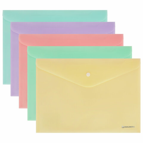 Папка-конверт с кнопкой А4, КОМПЛЕКТ 5 шт., пастельные цвета ассорти, BRAUBERG "PASTEL", 0,18 мм, 272866 - фото 2