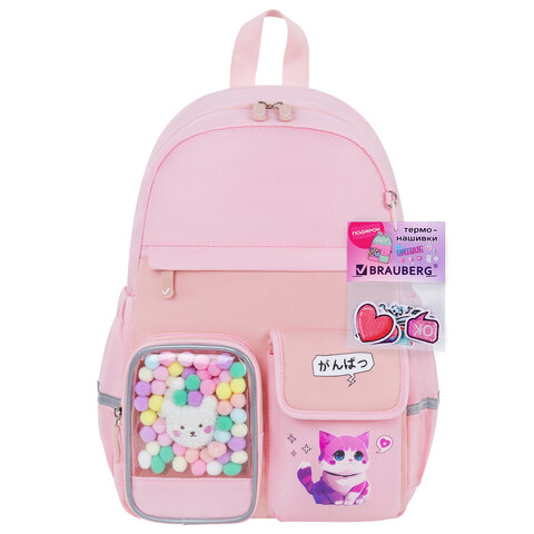 Рюкзак BRAUBERG PASTEL с термонашивками в комплекте, "Anime kitten", персиковый, 40х29х14 см, 272065 - фото 7