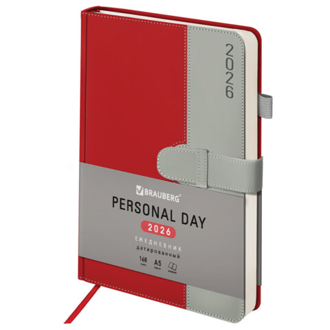 Ежедневник датированный 2026, А5, 138х213 мм, BRAUBERG "Esthetic", под кожу, держатель для ручки, застежка, красный/серый, 117371 - фото 1