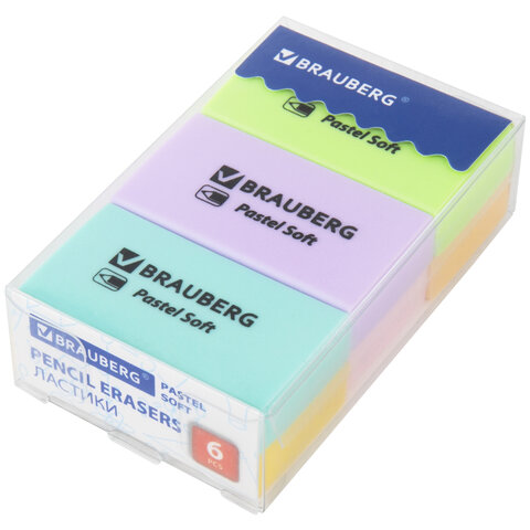 Ластики BRAUBERG PASTEL SOFT НАБОР 6 шт., размер ластика 45х25х10 мм, экологичный ПВХ, 271340 - фото 1