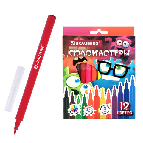 Фломастеры кросс-серия МОНСТРИКИ, 12 цветов, вентилируемый колпачок, картонная коробка с европодвесом, BRAUBERG, 152622 - фото 1