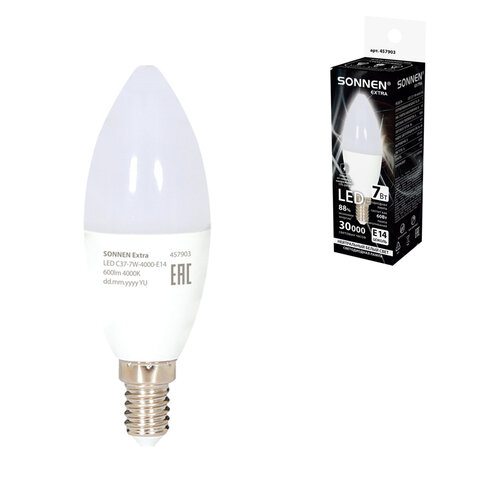 Лампа светодиодная SONNEN EXTRA, 7 (60) Вт, Е14, свеча, нейтральный белый, 30000 ч, LED C37-7W-4000-Е14, 457903 - фото 1