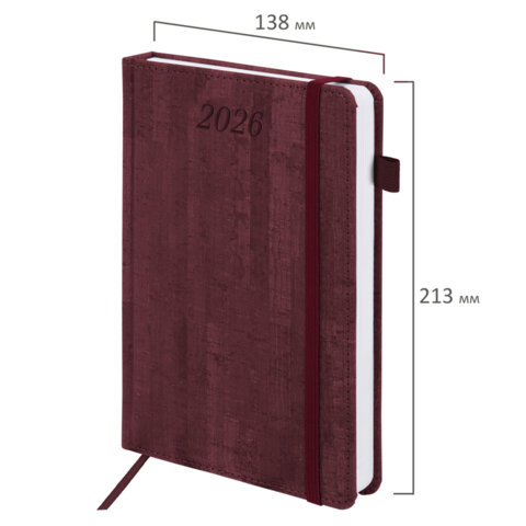 Ежедневник датированный 2026 А5 138x213 мм, BRAUBERG "Wood", под кожу, держатель для ручки, бордо, 117107 - фото 2