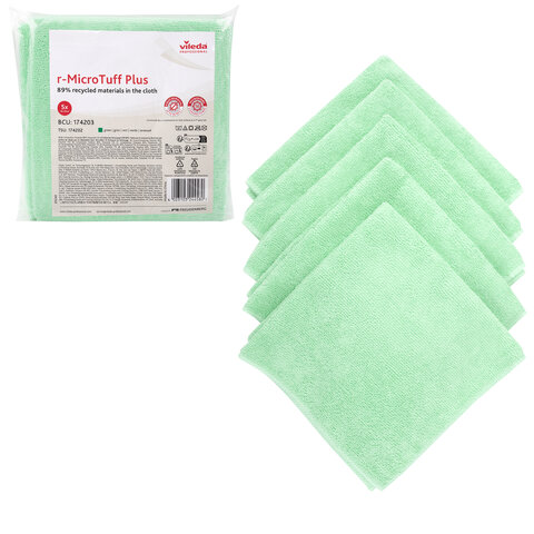 Салфетки VILEDA PROFESSIONAL "МикроТафф Плюс" КОМПЛЕКТ 5 шт., микрофибра, зеленый, 38х38 см, 174203 - фото 1