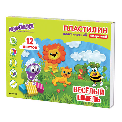 Пластилин классический ЮНЛАНДИЯ "ВЕСЁЛЫЙ ШМЕЛЬ", 12 цветов, 204 г, СО СТЕКОМ, КВАДРАТНЫЙ, 104823 - фото 1