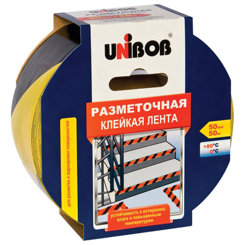 Клейкая лента разметочная 50 мм х 50 м, желто-черная, UNIBOB, основа-ПВХ, европодвес, 48905 - фото 1