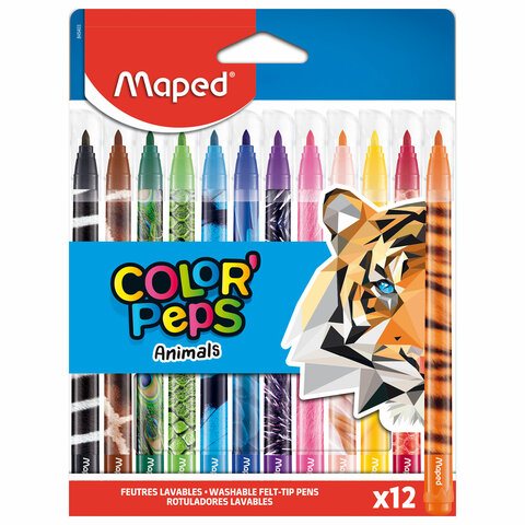 Фломастеры MAPED (Франция) "Animals" 12 цветов, смываемые, вентилируемый колпачок, 845403 - фото 1