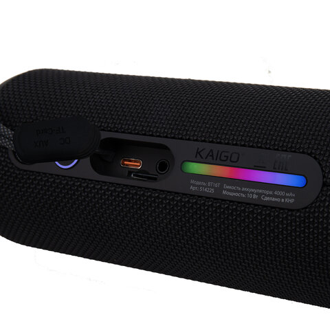 Колонка портативная влагозащищенная KAIGO (КАЙГО) BT16T, 10 Вт, Bluetooth, Micro SD, AUX, RGB, TWS, IPX7, черная, 514225 - фото 5
