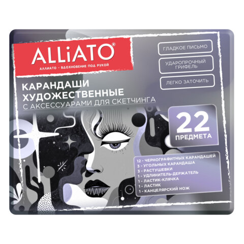 Карандаши художественные с аксессуарами для скетчинга, НАБОР 22 предмета, металлический кейс, ALLIATO (АЛЛИАТО), 182164 - фото 1