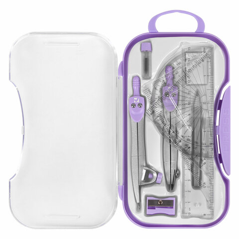 Готовальня BRAUBERG SCHOOL KIT, 11 предметов, циркуль 115 мм, циркуль 125 мм, чертежные принадлежности, лавандовый цвет, 210714 - фото 4