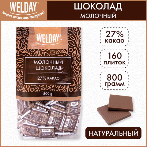 Шоколад порционный высшего качества WELDAY (ВЭЛДЭЙ) "Молочный 27%", 800 г (160 плиток по 5 г), пакет, 622406 - фото 4