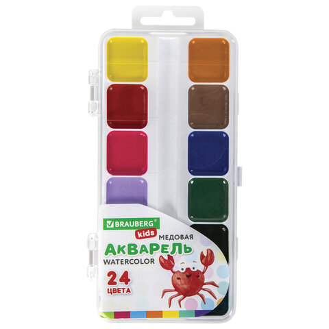 Краски акварельные BRAUBERG KIDS, медовые, 24 цвета, квадратные кюветы, пластиковый пенал, 192284 - фото 1