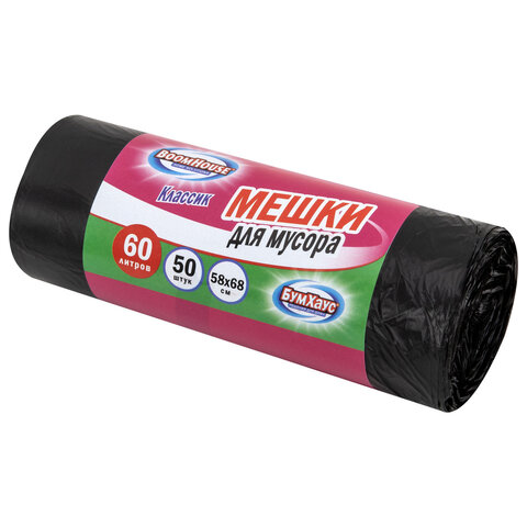 Мешки для мусора 60 л, черные, в рулоне 50 штук, ПНД 9 мкм, 58x68 см, серия Classic, BOOMHOUSE (БУМХАУС), 702661 - фото 1