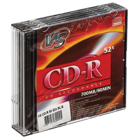 Диски CD-R VS, 700 Мб, 52x, Slim Case, КОМПЛЕКТ 5 шт., VSCDRSL501 - фото 1