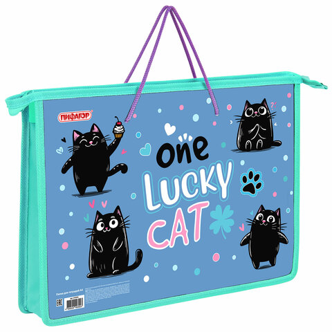 Папка на молнии с ручками ПИФАГОР А4, 1 отделение, пластик, ручки-шнурок, "Funny cats", 273353 - фото 1