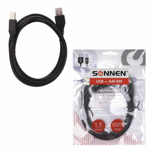 Кабель USB2.0 AM-BM, 1,5 м, SONNEN, медь, для подключения периферийных устройств - принтеров, сканеров, МФУ, плоттеров, черный, 513118 - фото 1