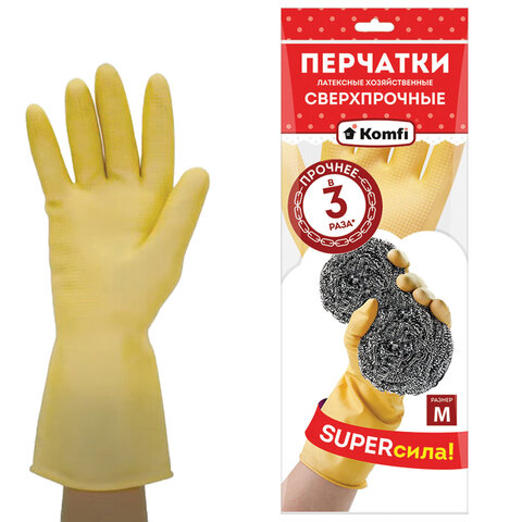 Перчатки МНОГОРАЗОВЫЕ латексные SUPER СИЛА СВЕРХПРОЧНЫЕ, бежевые, размер M (средний), вес 96 г, Komfi, ADM, 20073 - фото 1