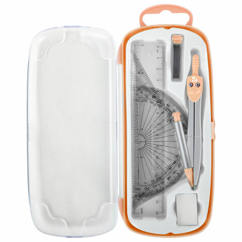 Готовальня BRAUBERG SCHOOL KIT, 9 предметов, циркуль 125 мм, чертежные принадлежности, персиковый цвет, 210715 - фото 4