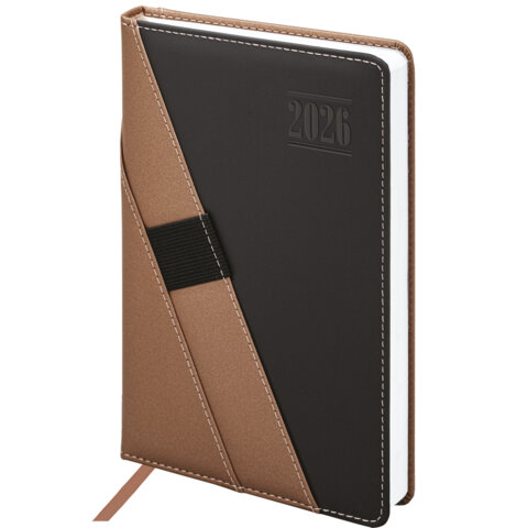 Ежедневник датированный 2026, А5, 138х213 мм, BRAUBERG "Swirl", под кожу, держатель для ручки, коричневый, 117480 - фото 1