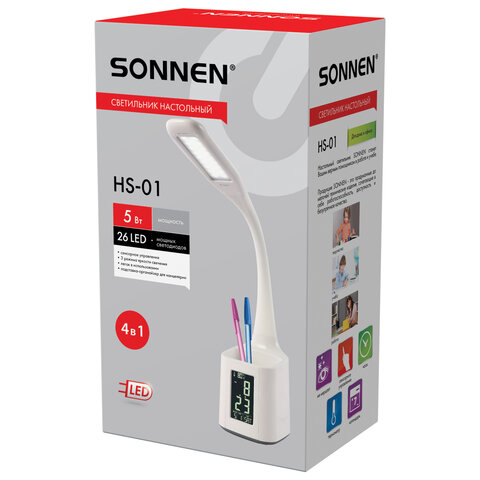 Настольная лампа / светильник SONNEN HS-01 на подставке, LCD-экран, СВЕТОДИОДНАЯ, 5 Вт, белый, 238234 - фото 2