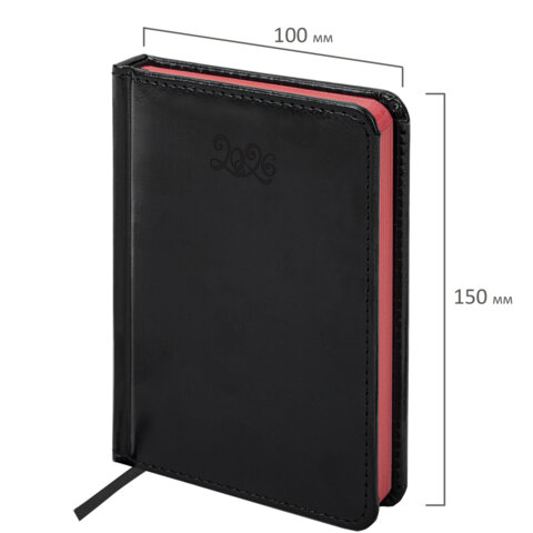 Ежедневник датированный 2026, МАЛЫЙ ФОРМАТ 100х150 мм, А6, BRAUBERG "Rainbow", под кожу, черный, 117257 - фото 2