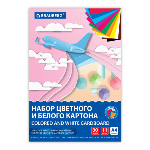 Набор цветного и белого картона немелованный A4 (белый – 10 л., цветной – 20 л., 10 цветов.), BRAUBERG, 200х290, Superjet, 116422 - фото 1