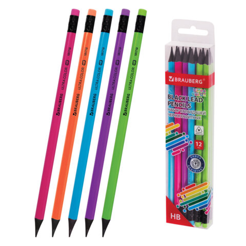 Набор карандашей чернографитных BRAUBERG "ULTRA COLOR" 12 шт., HB, с ластиком, пластиковые, 181710 - фото 1