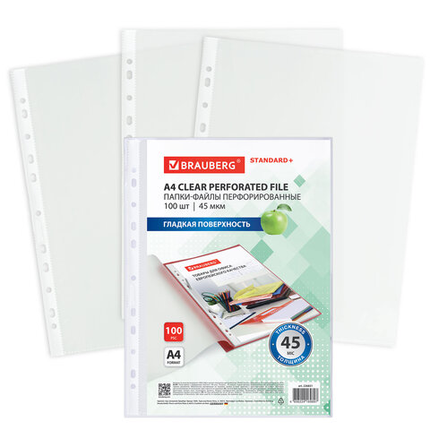 Папки-файлы перфорированные, А4, BRAUBERG "STANDARD", комплект 100 шт., гладкие, 45 мкм, 226831 - фото 3