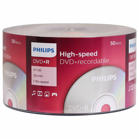 Диски DVD+R (плюс) PHILIPS, 4,7 Гб, 16x, Bulk (термоусадка без шпиля), КОМПЛЕКТ 50 шт., DR4S6U50F/97 - фото 1