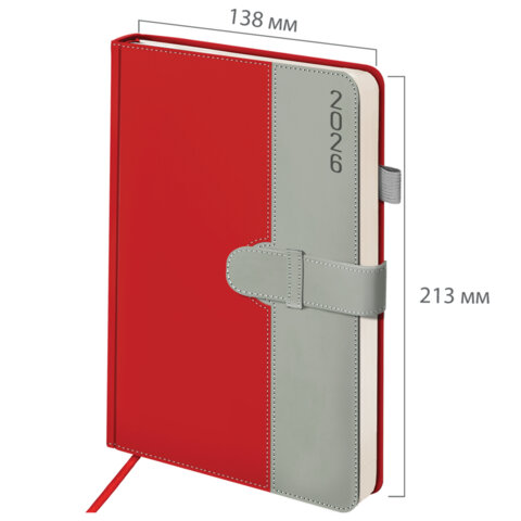 Ежедневник датированный 2026, А5, 138х213 мм, BRAUBERG "Esthetic", под кожу, держатель для ручки, застежка, красный/серый, 117371 - фото 2