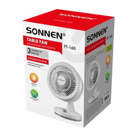 Вентилятор настольный SONNEN FT-160, 40 Вт, 23 см, 3 скорости, вращение на 60°, механическое управление, белый, 457784 - фото 10