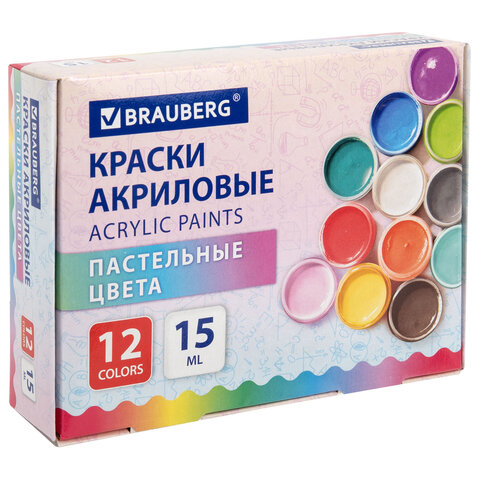 Краски акриловые ПАСТЕЛЬНЫЕ для рисования и творчества 12 цветов по 15 мл, BRAUBERG, 192694 - фото 1