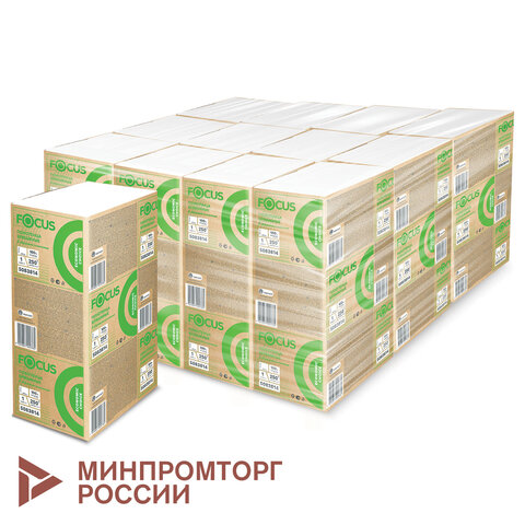 Полотенца бумажные 250 шт. FOCUS (Система H2) Eco, 1-слойные, белые, КОМПЛЕКТ 12 пачек, 24х21,5, Z-сложение, 5083814/5069958 - фото 1
