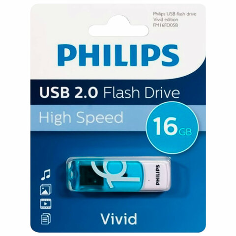 Флеш-диск 16 GB PHILIPS VIVID, разъем USB 2.0, синий, FM16FD05B/97 - фото 1