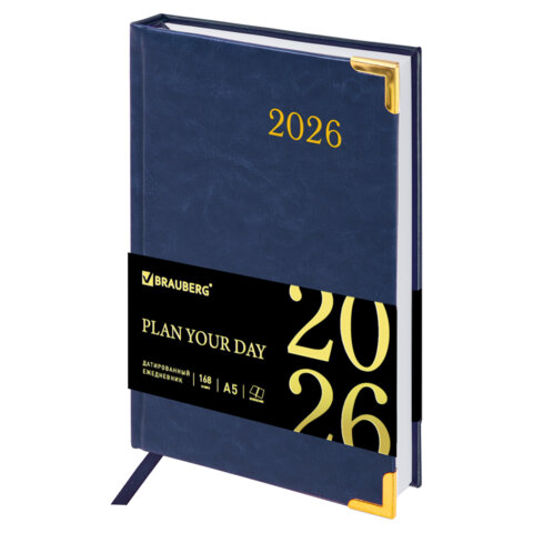 Ежедневник датированный 2026, А5, 138x213 мм, BRAUBERG "Senator", под кожу, синий, 117091 - фото 1