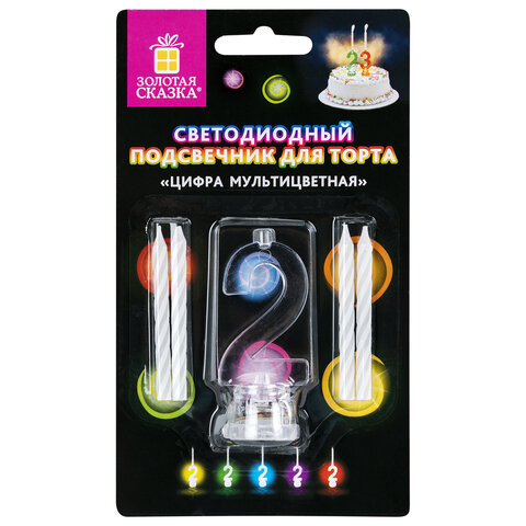 Цифра-подсвечник "2" светодиодная, ЗОЛОТАЯ СКАЗКА, в наборе 4 свечи 6 см, 1 батарейка, 591425 - фото 1