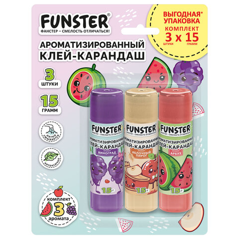 Клей-карандаш ароматизированный FUNSTER (ФАНСТЕР), яблоко, арбуз, виноград, 15 г, ВЫГОДНАЯ УПАКОВКА, 3 штуки на блистере, 274270 - фото 1