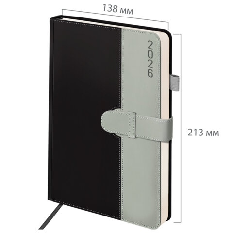 Ежедневник датированный 2026, А5, 138х213 мм, BRAUBERG "Esthetic", под кожу, держатель для ручки, застежка, черный/серый, 117372 - фото 2