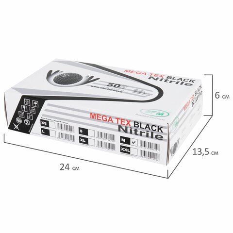 Перчатки нитриловые сверхпрочные с текстурой SFM MEGA TEX BLACK, Германия, 25 пар (50 шт.), размер M (средний) - фото 6