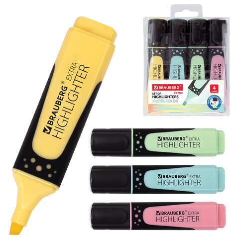 Набор текстовыделителей BRAUBERG 4 шт., АССОРТИ, "EXTRA PASTEL", прорезиненный корпус, линия 1-5 мм, 151756 - фото 1