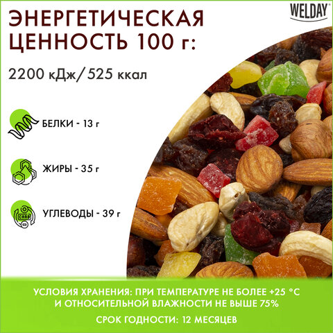 Ореховая смесь сушеная WELDAY (ВЭЛДЭЙ), фундук, миндаль, кешью, цукаты, изюм, клюква 1 кг, 622478 - фото 8