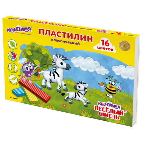 Пластилин классический ЮНЛАНДИЯ "ВЕСЁЛЫЙ ШМЕЛЬ", 16 цветов, 240 г, СО СТЕКОМ, 104810 - фото 1