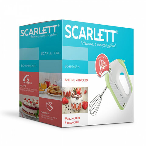 Миксер SCARLETT SC-HM40S15, 400 Вт, 5 скоростей, 2 венчика, 2 крюка для теста, белый/зеленый - фото 10