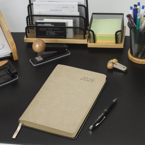 Ежедневник датированный 2026 А5 138x213 мм, BRAUBERG "Stylish", под кожу, гибкий, бежевый, 117104 - фото 5